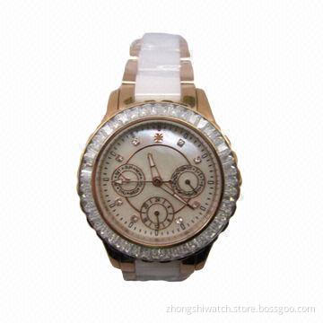 New Elegant Ladies' Jewelry Watches, Made of Rose Gold Stainless Steel, White Ceramic